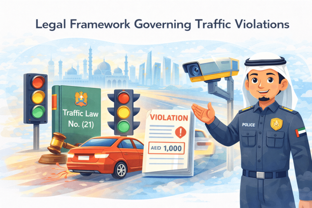 Abu Dhabi red light fines UAE traffic law illustration showing signal violation, police enforcement and AED penalty system