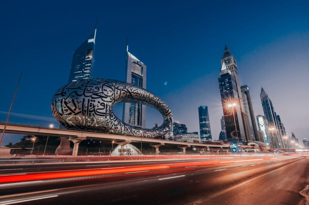 A photo of Dubai road facing huge buildings