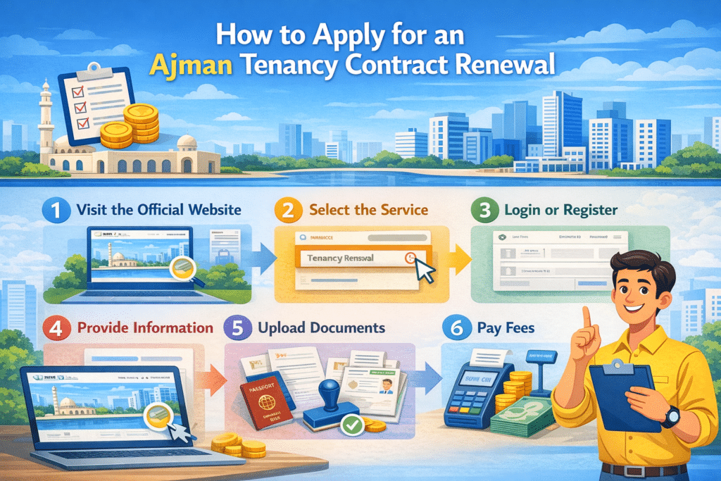 How to apply for Ajman tenancy contract renewal infographic showing step-by-step online process, documents, and fee payment.