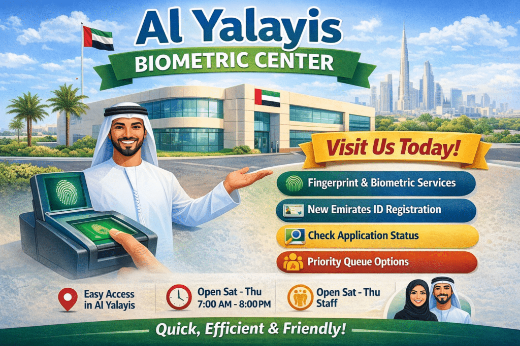Infographic of Al Yalayis Biometric Center showing fingerprint and biometric services, Emirates ID registration, priority queue options, opening hours, and location in Dubai.
