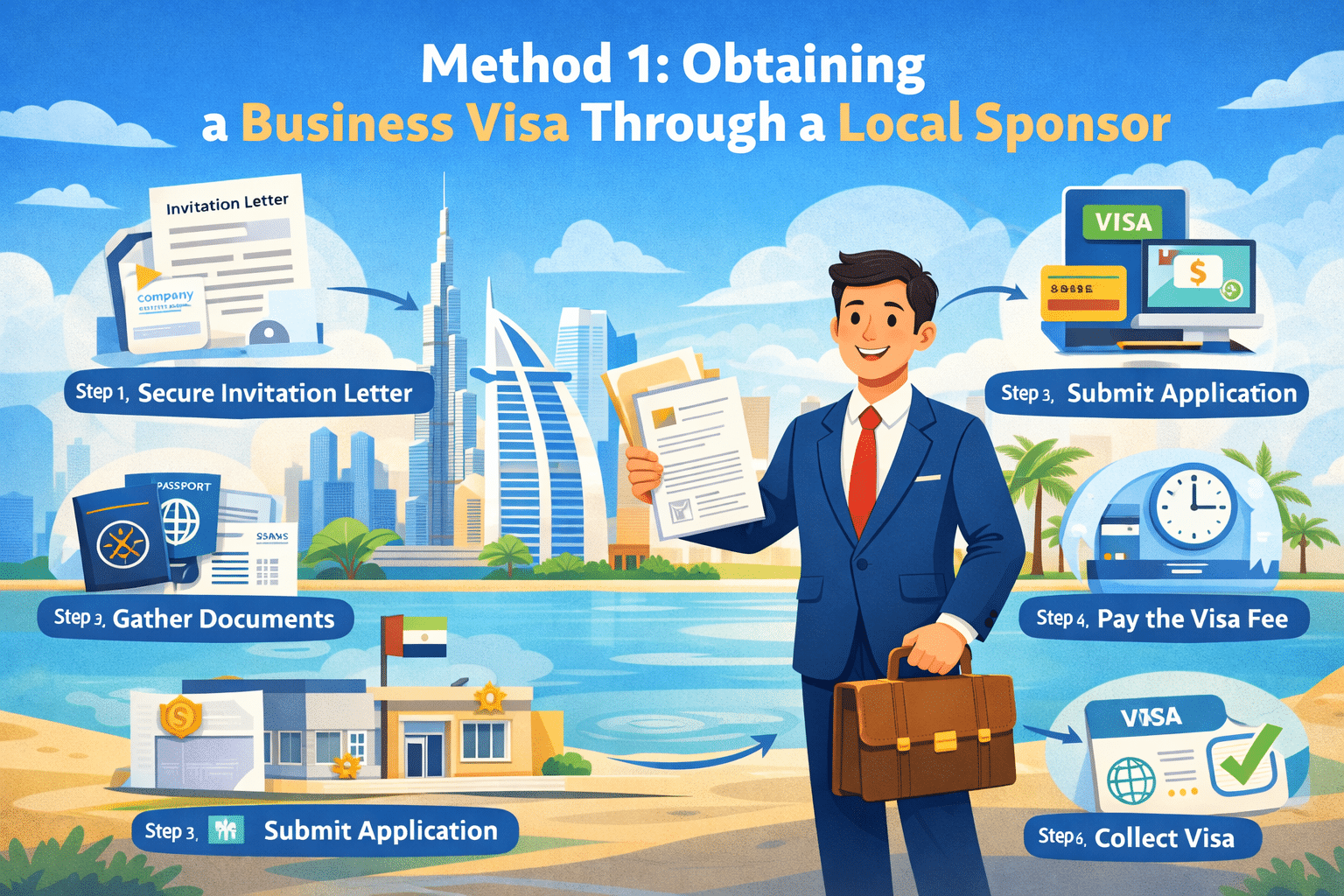 Illustrated guide showing steps to obtain a Dubai business visa through a local sponsor, including invitation letter, document preparation, visa application, and approval.