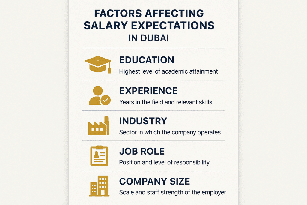 "Infographic on salary factors in Dubai: industry, experience, qualifications, company size, and lifestyle."