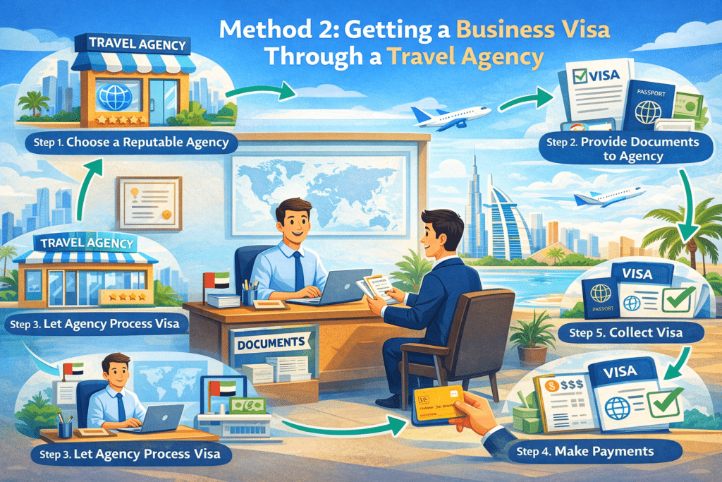 Illustration showing how to get a Dubai business visa through a travel agency with steps like choosing an agency, submitting documents, paying fees, and collecting the visa.