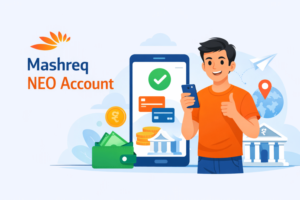 Mashreq NEO Account digital banking illustration with person using mobile app and financial icons