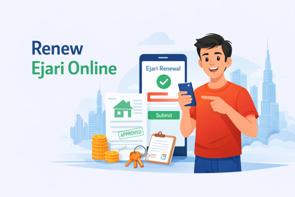 Renew Ejari online in Dubai illustration with person using mobile app for tenancy contract renewal