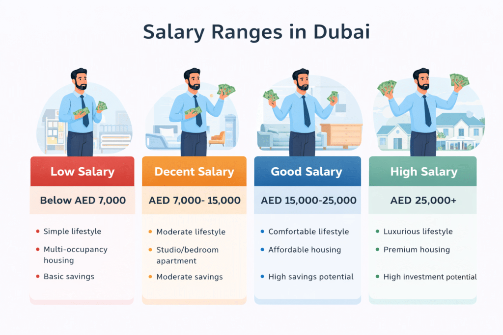 Salary ranges in Dubai UAE with low decent good and high salary comparison