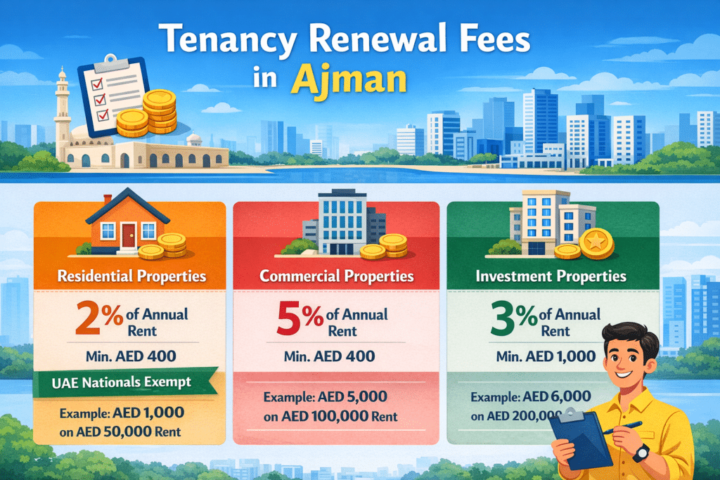 Tenancy renewal fees in Ajman infographic showing residential, commercial, and investment property renewal costs with percentages, minimum fees, and examples.