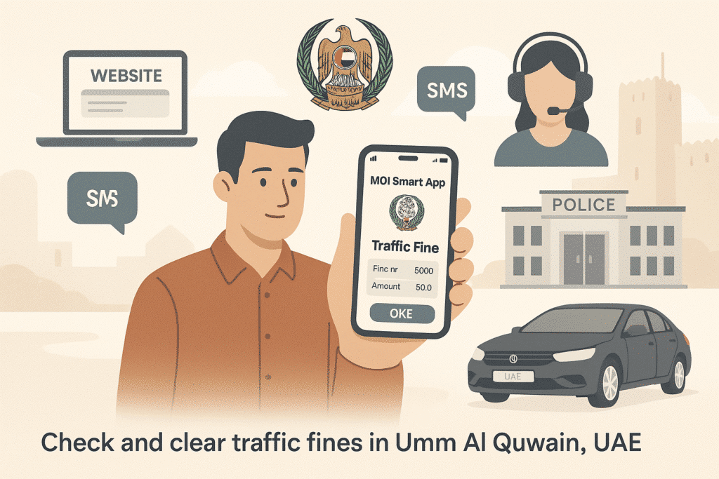 Clear Umm Al Quwain Traffic Fines Fast 7 Hero image showing multiple methods to check and clear traffic fines in Umm Al Quwain including MOI Smart App, police website, SMS, call center, and visiting a police station.