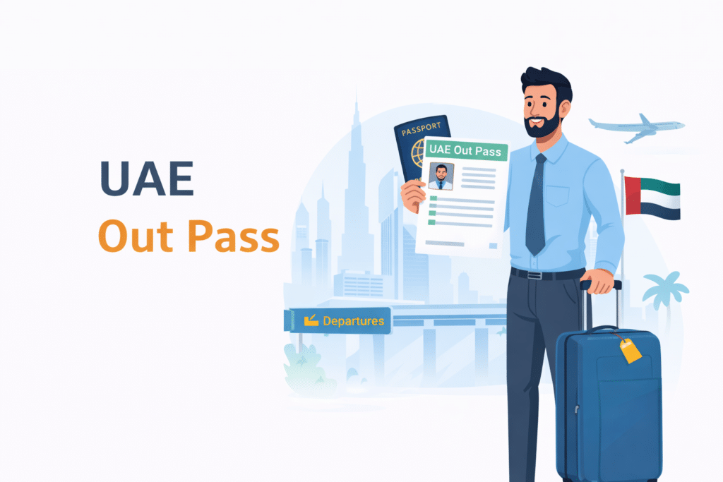 UAE Out Pass: Fast & Easy Application Guide 2026 9 UAE out pass process with passport and travel departure illustration