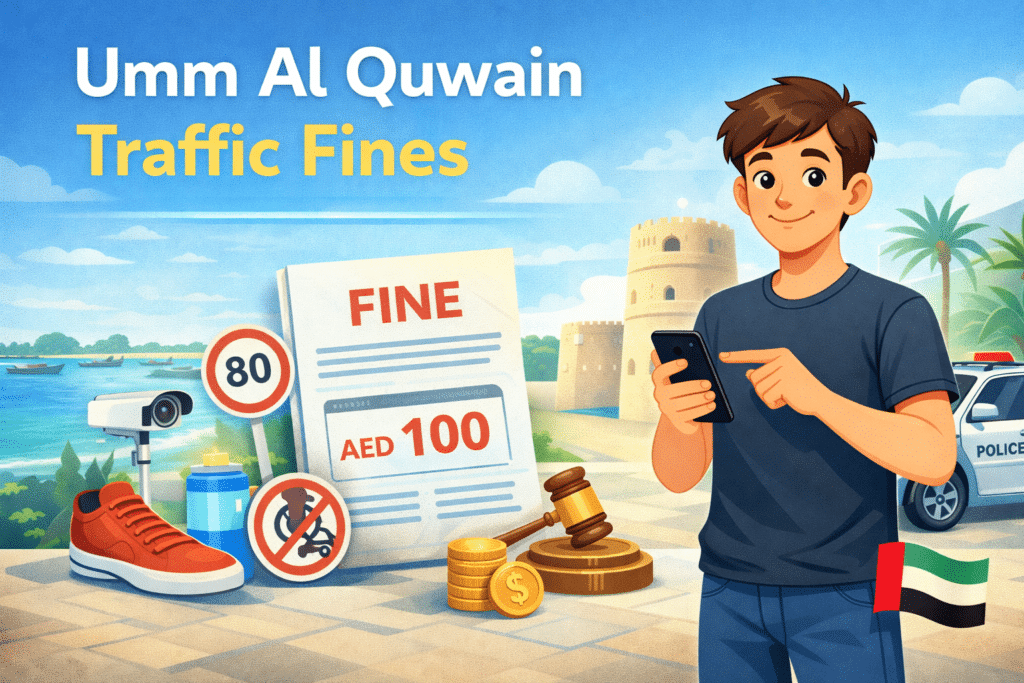 Animated illustration showing Umm Al Quwain traffic fines with a driver checking fines on a smartphone.