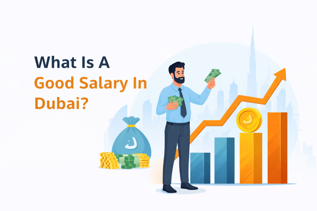 What is a good salary in Dubai illustration with salary growth chart and UAE skyline