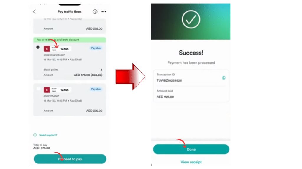 UAE traffic fines payment through mobile app showing fine details and successful payment confirmation screen.
