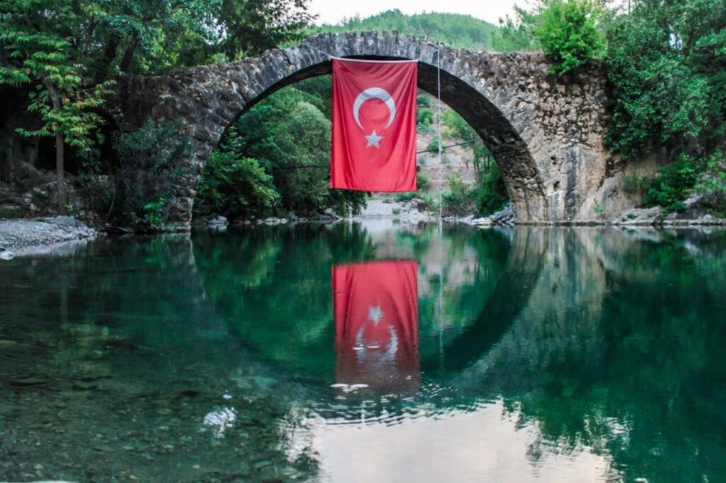 Turkish Flag hanging from a bridge