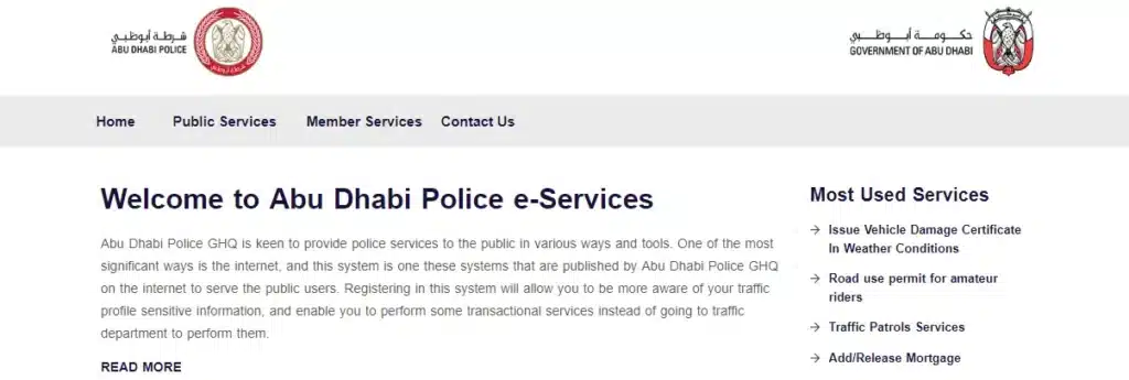 Abu Dhabi Police e-services page showing Vehicle Services option for checking vehicle details, certificates, accidents, and traffic fines.