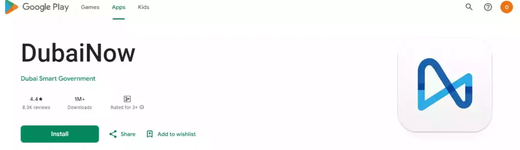 DubaiNow app on Google Play showing Dubai Smart Government services with install option and app rating.