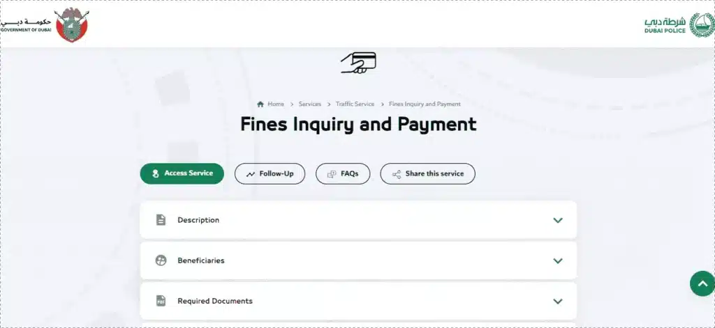 Dubai Police website homepage showing traffic services option to check and pay fines online.