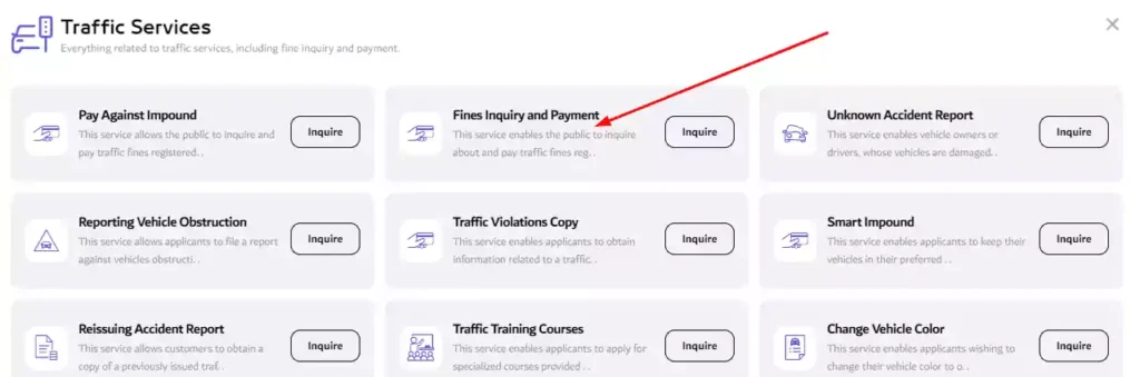 Dubai Police traffic services dashboard highlighting fines inquiry and payment option.
