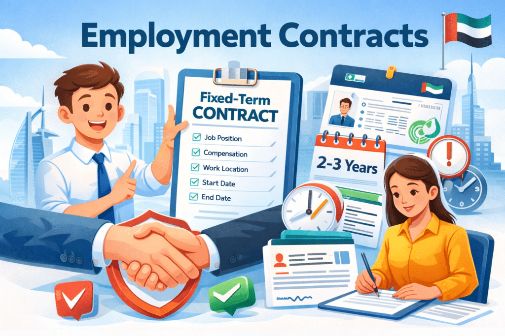 Animated illustration showing UAE employment contract agreement with fixed-term contract details, handshake, and employee signing documents.