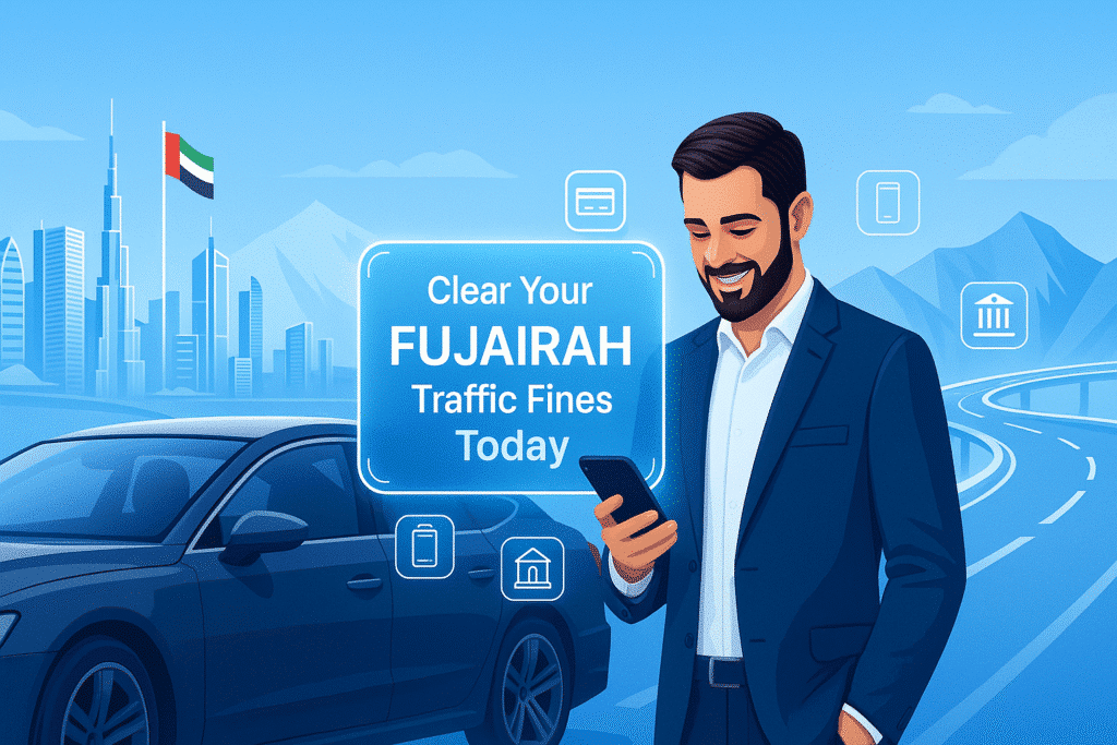 Driver in Fujairah using smartphone to clear traffic fines online with digital payment icons and UAE cityscape background.