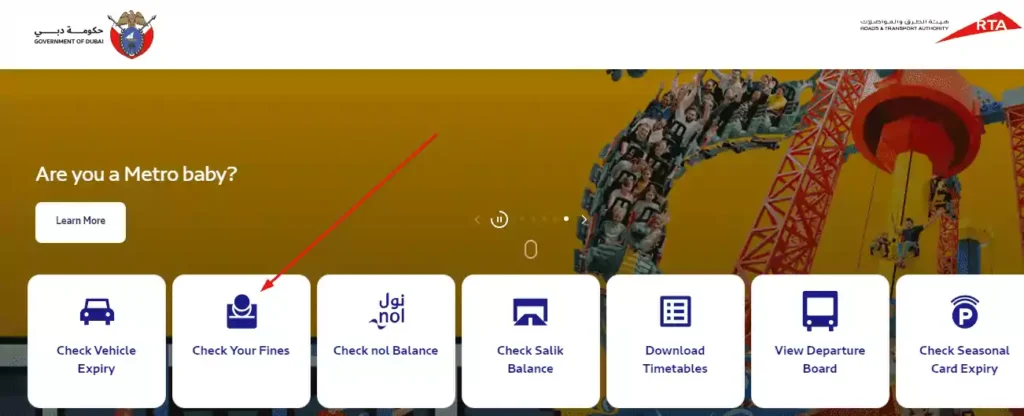 Dubai RTA website showing “Check Your Fines” option to search traffic fines by plate number or traffic file.
