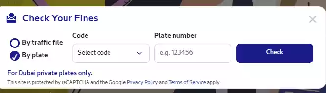 Dubai RTA website showing “Check Your Fines” option to search traffic fines by plate number or traffic file.