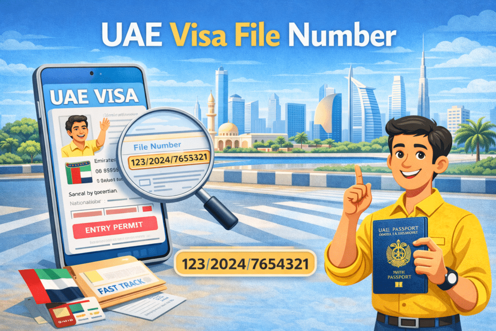 UAE visa file number feature image showing an animated person holding visa documents with UAE skyline and passport icons.