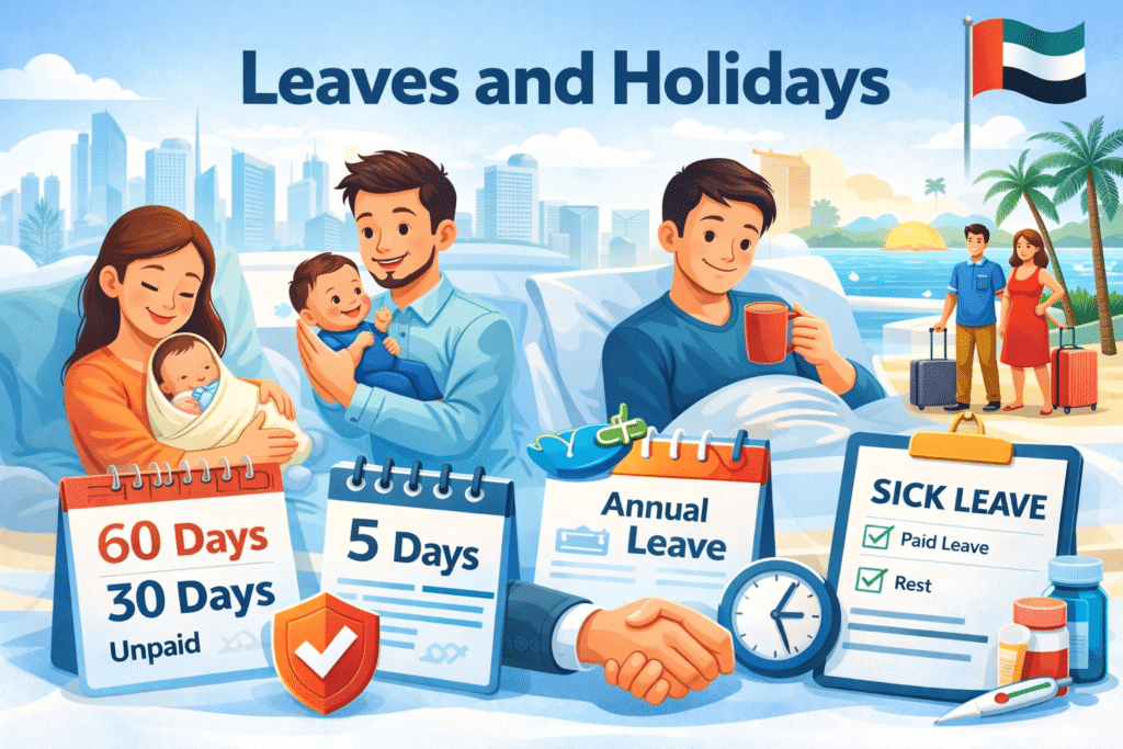 Animated illustration explaining UAE labor law leave policies including maternity leave, paternity leave, annual leave, and sick leave.