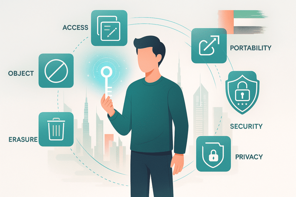 Visual representation of individual rights under UAE PDPL including access, rectification, objection, erasure, and data portability.