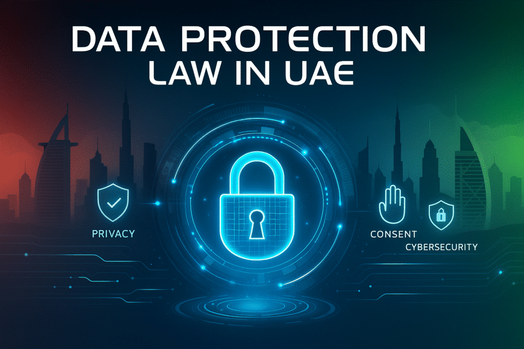 UAE Data Protection Law concept with digital padlock, Dubai skyline, and UAE flag colors, featuring the title text ‘Data Protection Law in UAE.