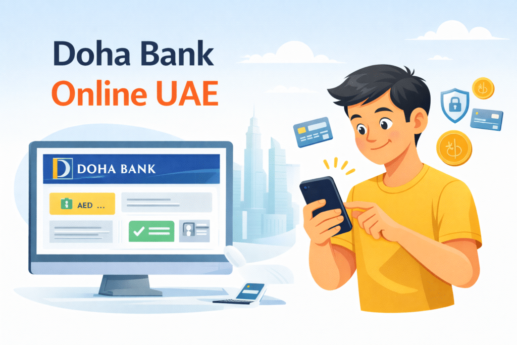 Doha Bank online UAE mobile banking illustration showing user managing account on phone
