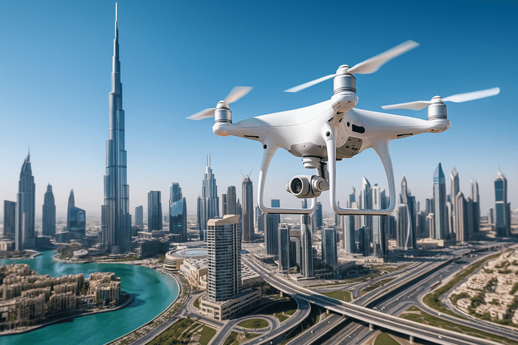 Drone flying over Dubai skyline near Burj Khalifa, representing UAE drone laws, approved flying zones, and safe aerial photography.