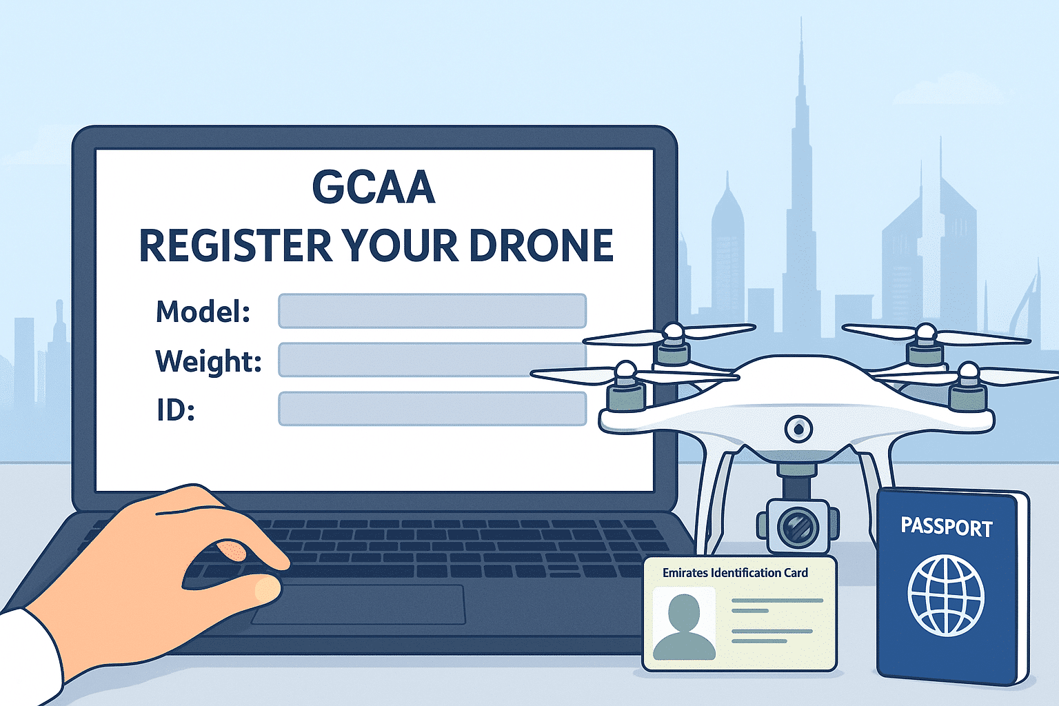 Drone registration process in Dubai with GCAA online form, Emirates ID, and passport requirements.