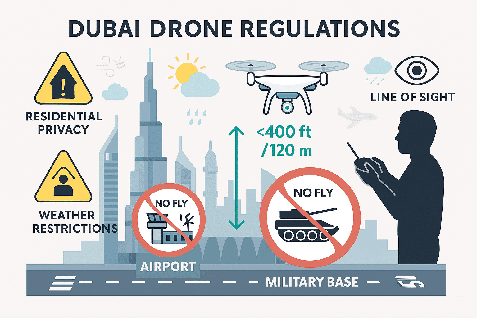 Illustration of Dubai drone regulations showing altitude limits, no-fly zones near airports and military bases, privacy restrictions, and weather safety rules.