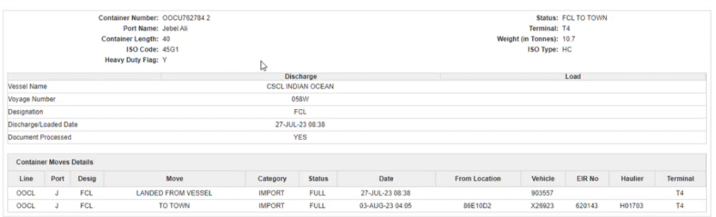 Dubai Trade container enquiry results showing container number, port Jebel Ali, vessel details, and shipment status.