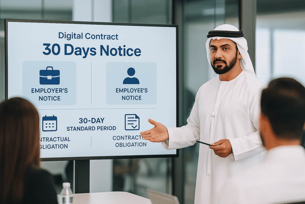 “UAE HR manager handing a written termination notice to an employee in a modern office, with settlement agreement, final pay, and end-of-service gratuity highlighted in the background.”