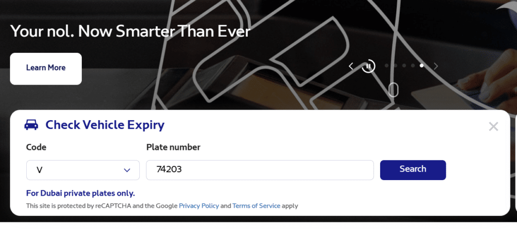 Check Mulkiya expiry online tool with plate number input on Dubai RTA website