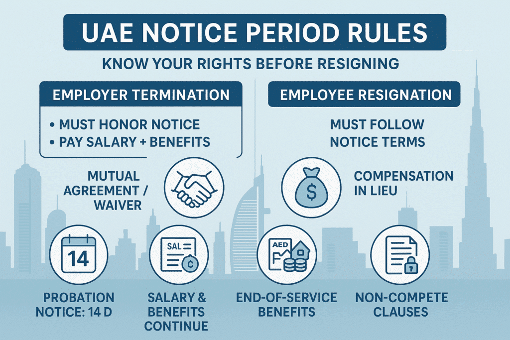 "Infographic explaining UAE notice period rules, showing employer termination, employee resignation, probation notice of 14 days, salary and benefits continuation, end-of-service gratuity, compensation in lieu of notice, and non-compete clauses, with Dubai skyline in the background."