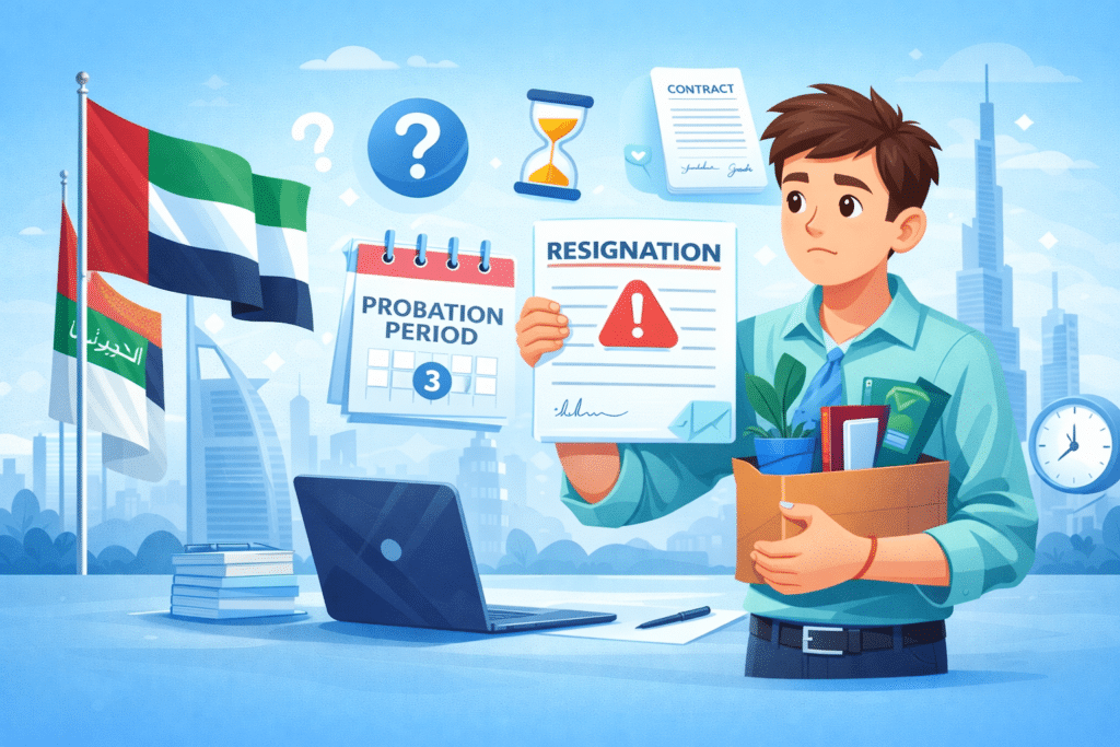 Animated illustration of a worker holding a resignation letter during probation period in the UAE with contract, calendar, and UAE flag icons.