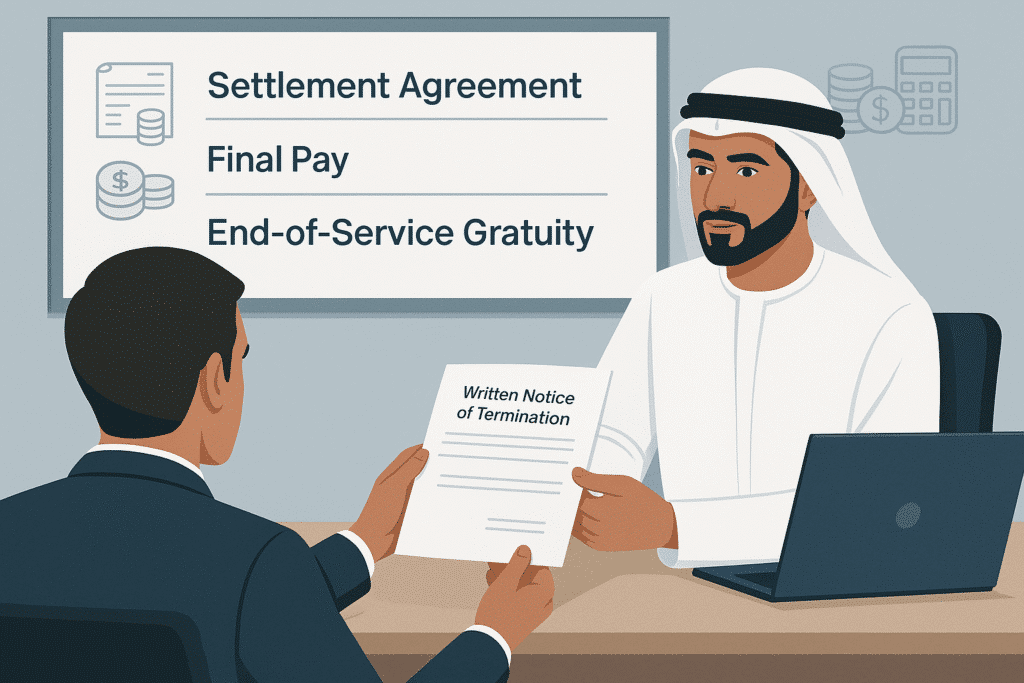 “Professional UAE HR manager giving a written notice of termination to an employee in an office, with settlement agreement, final pay, and end-of-service gratuity shown on a digital whiteboard.”