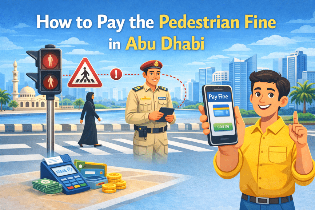 How to pay the pedestrian fine in Abu Dhabi feature image showing online fine payment on mobile with crosswalk and police officer.