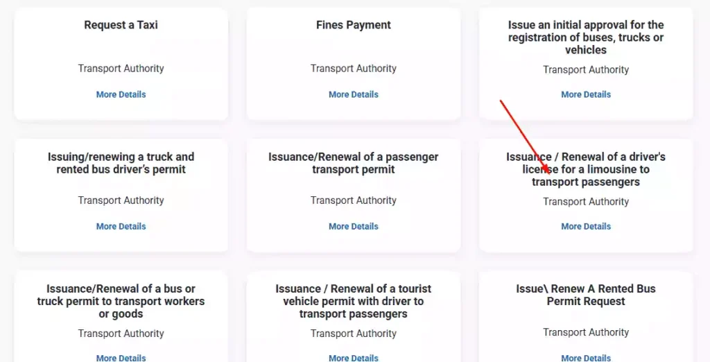 Ajman transport authority page showing driver license renewal and transport permit services