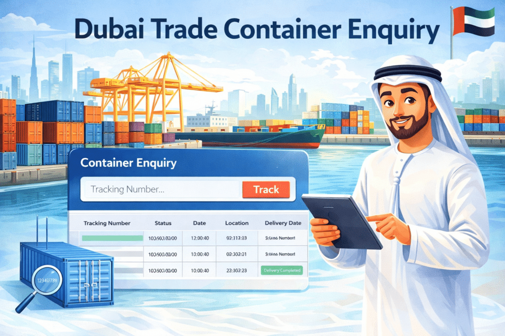 Animated illustration of Dubai Trade container enquiry showing port containers, cargo cranes, and a person tracking shipment on a tablet.