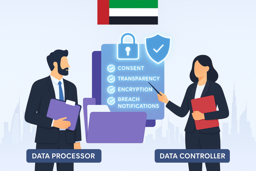 Data controllers and processors in the UAE ensuring consent, transparency, encryption, and breach notifications under PDPL.