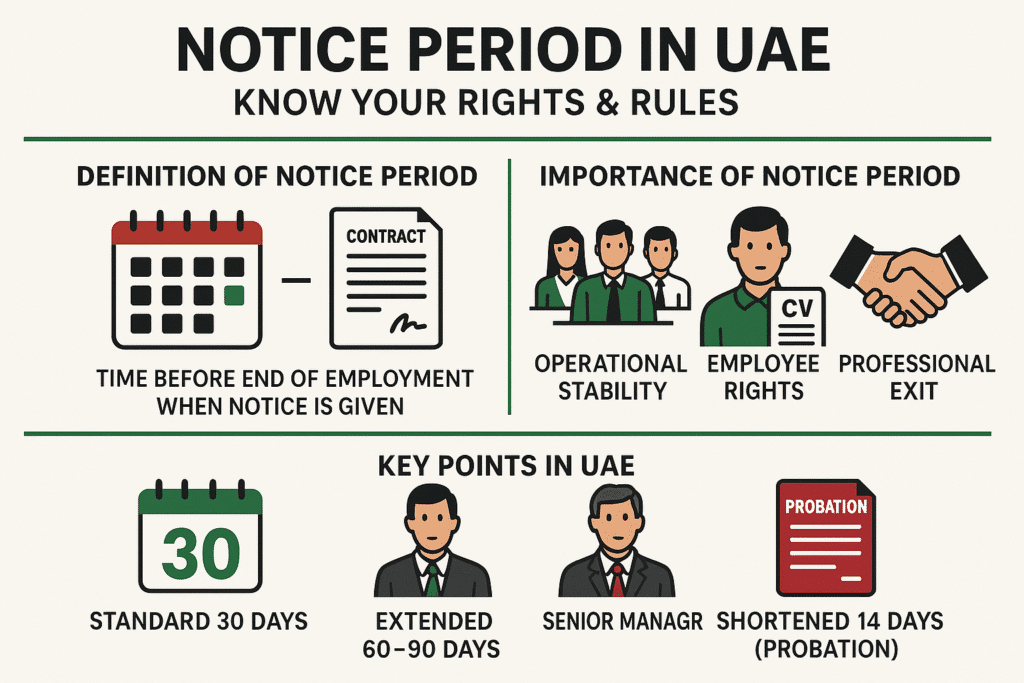 "Infographic explaining UAE notice period rules with HR manager and employee in an office, showing 30-day standard notice, 60–90 days for senior roles, and 14 days during probation, with Dubai skyline in the background."