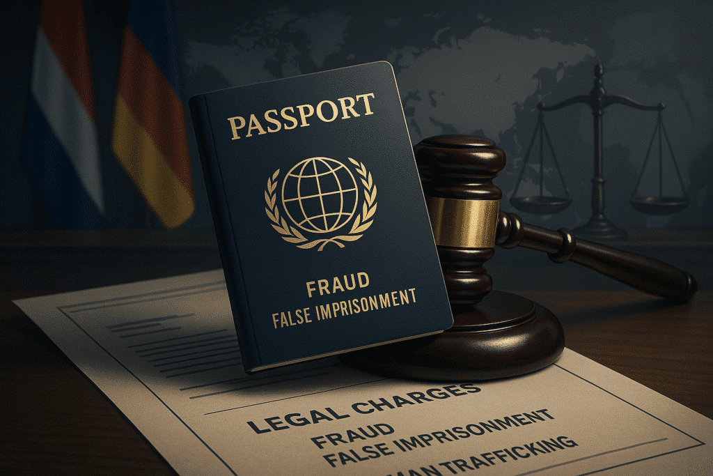Is it Legal to Hold Someone Passport? A Legal Guide 10 “Passport placed on a gavel and legal documents with international flags in the background, symbolizing legal charges, civil liability, and global implications of illegal passport retention.”