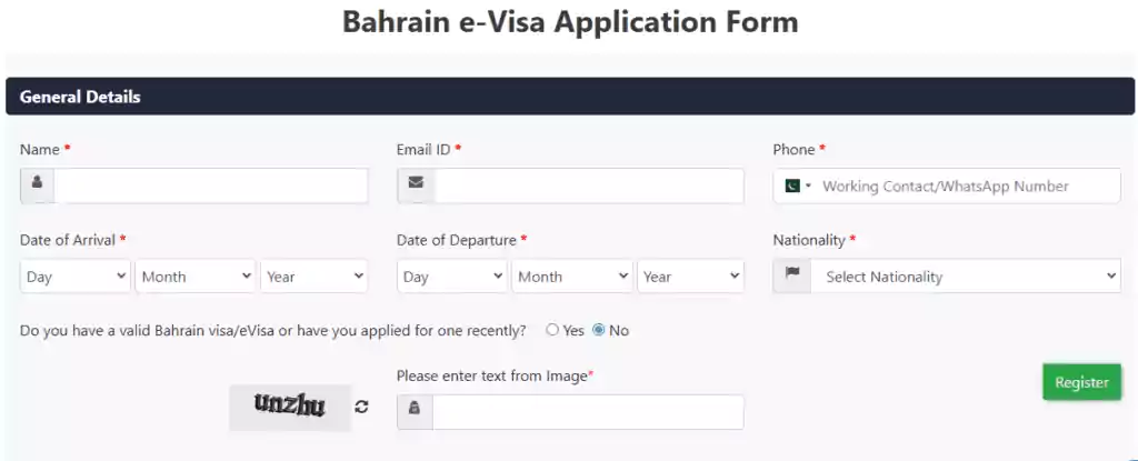 Bahrain e Visa Application Form