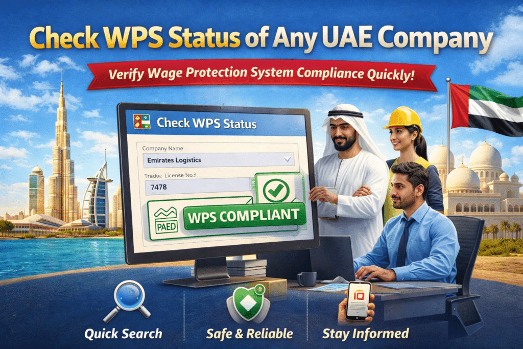 Check WPS status of any UAE company online showing WPS compliant result with UAE skyline and business professionals