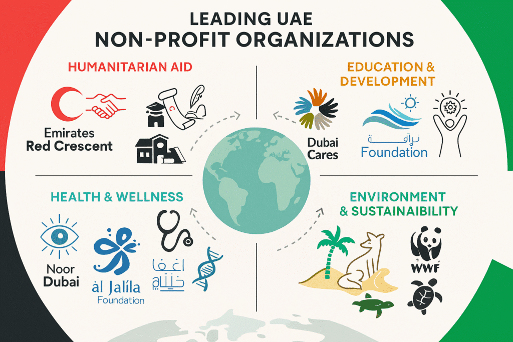 "Infographic highlighting major UAE non-profit organizations including Emirates Red Crescent, Dubai Cares, Noor Dubai Foundation, Al Jalila Foundation, and Emirates Wildlife Society, categorized by humanitarian aid, education, health, and sustainability."