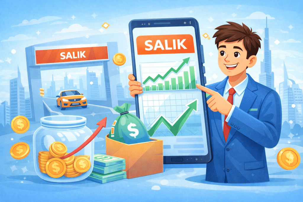 Animated illustration of a person investing in Salik with a smartphone showing rising stock chart, Dubai toll gate, and money icons.