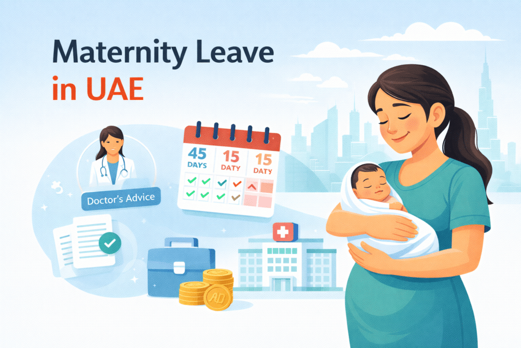 Maternity leave UAE illustration showing mother with baby and leave duration 60 days pay structure